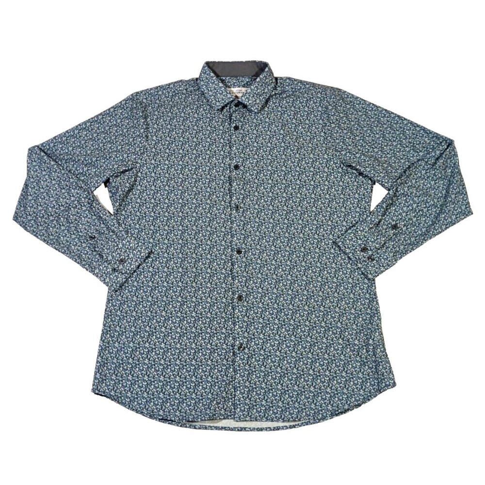 Mizzen Main XL Trim Fit Mens Long Sleeve Button Shirt Blue Floral Poly Lycra